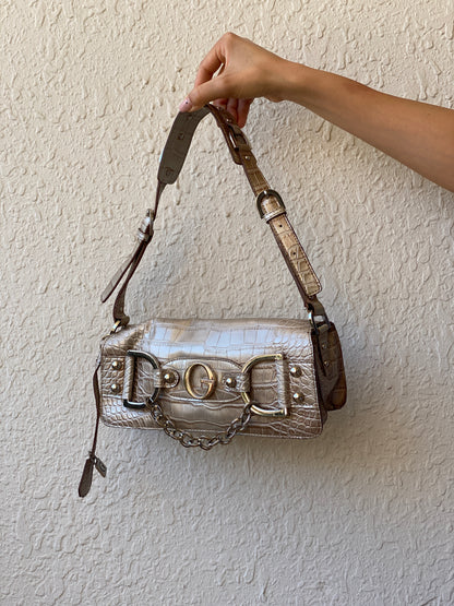 Vintage Y2K Guess Croc-Embossed Taupe Leather Shoulder Bag