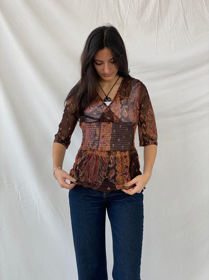 Y2K SAVIDA Brown Paisley Print Sheer Scrunched Waist Top - L