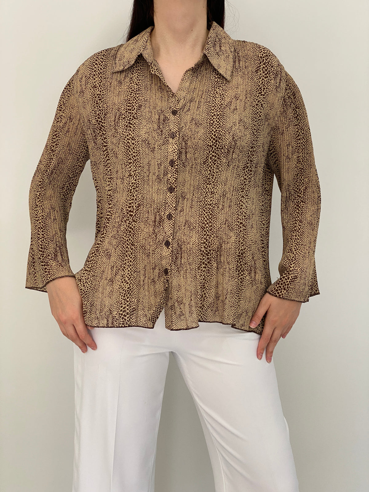 Vintage Y2K Covington Beige Brown Animal Print Button-Up Blouse - XL