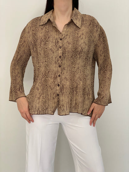Vintage Y2K Covington Beige Brown Animal Print Button-Up Blouse - XL