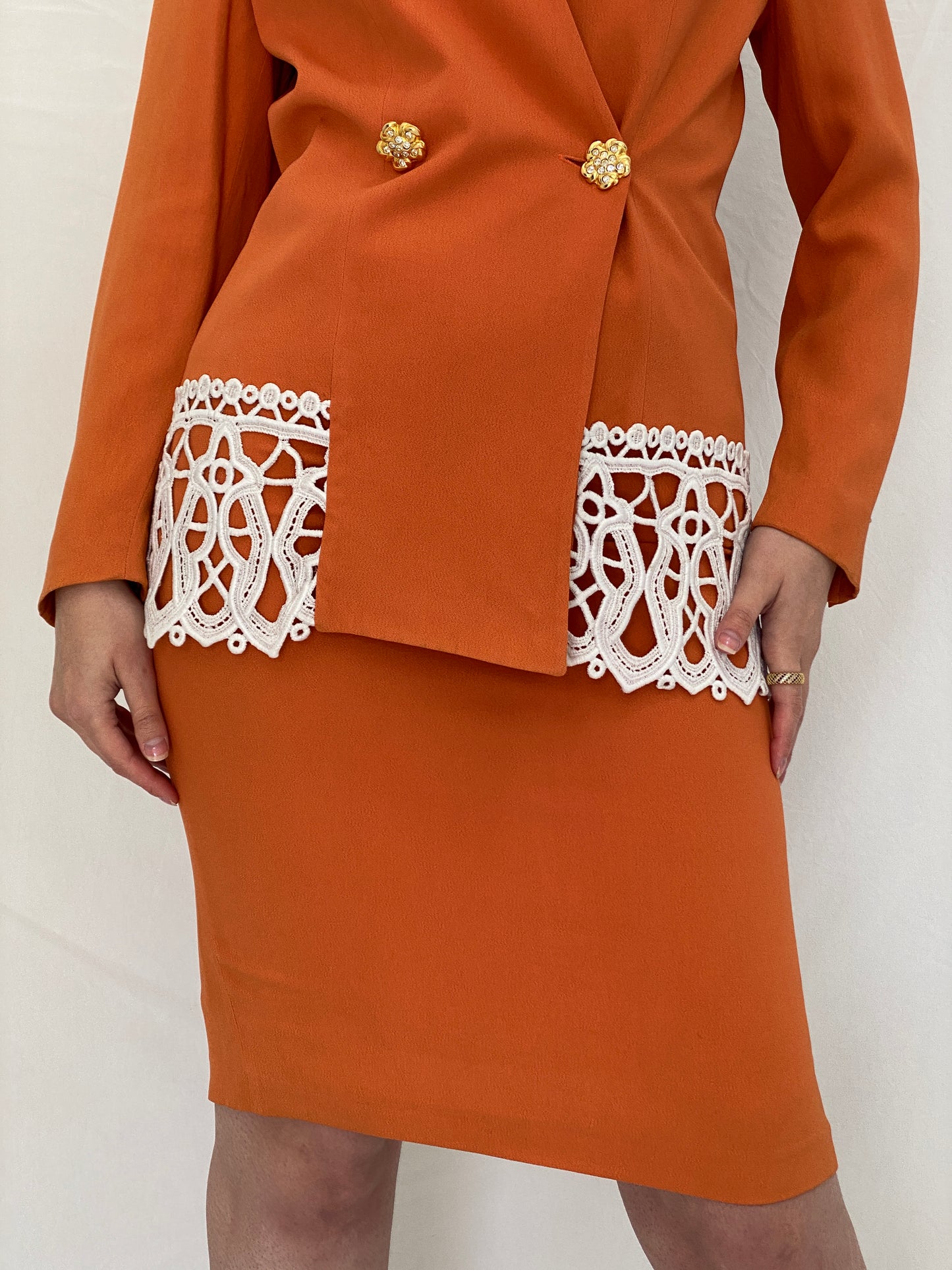 Statement Vintage Luigi Bruno Italian Orange Skirt Suit Set Tailored Blazer & Pencil Skirt - S