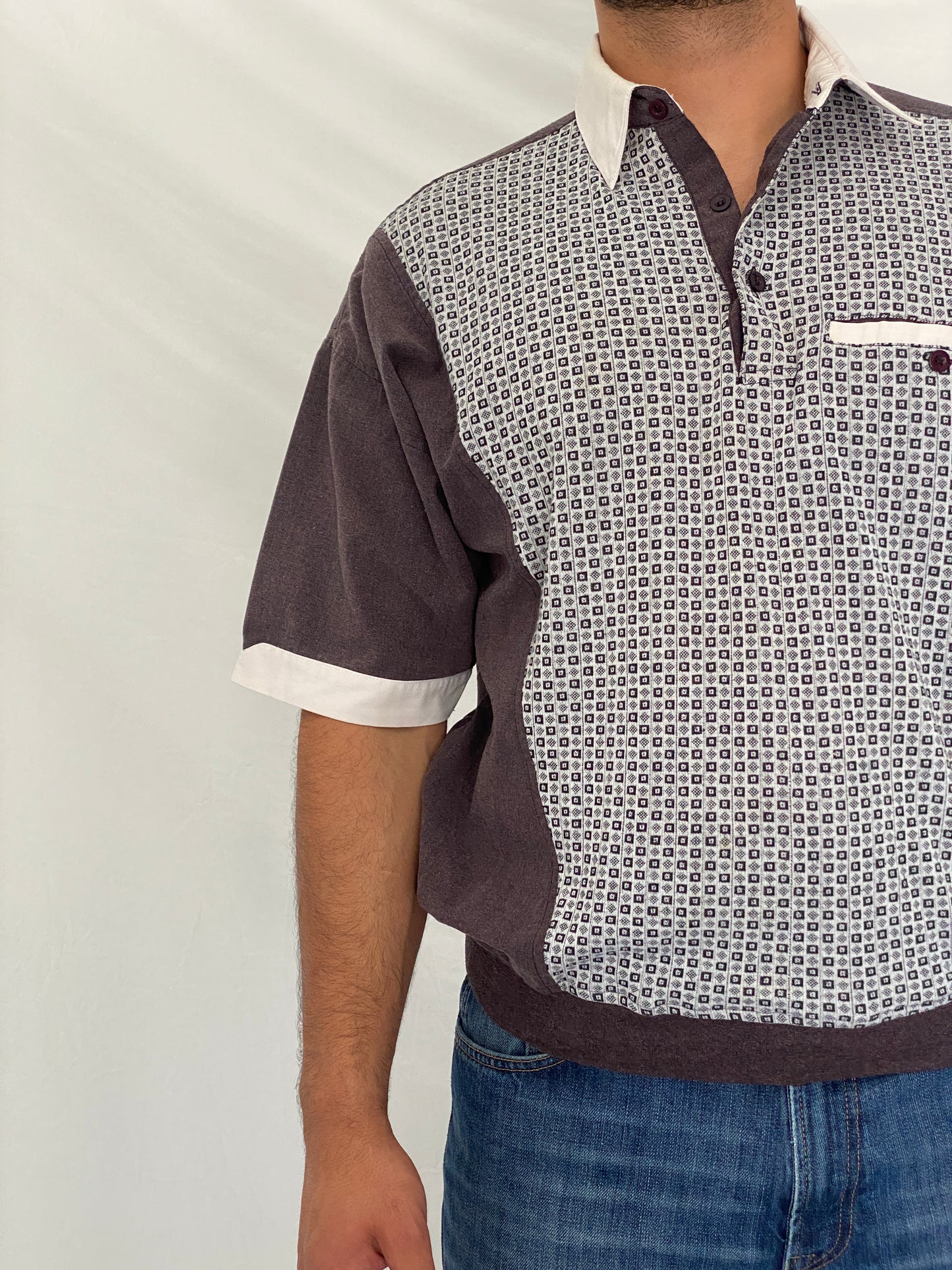 Vintage 90s II SPORT Brown & White Men’s Patterned Polo Shirt – L