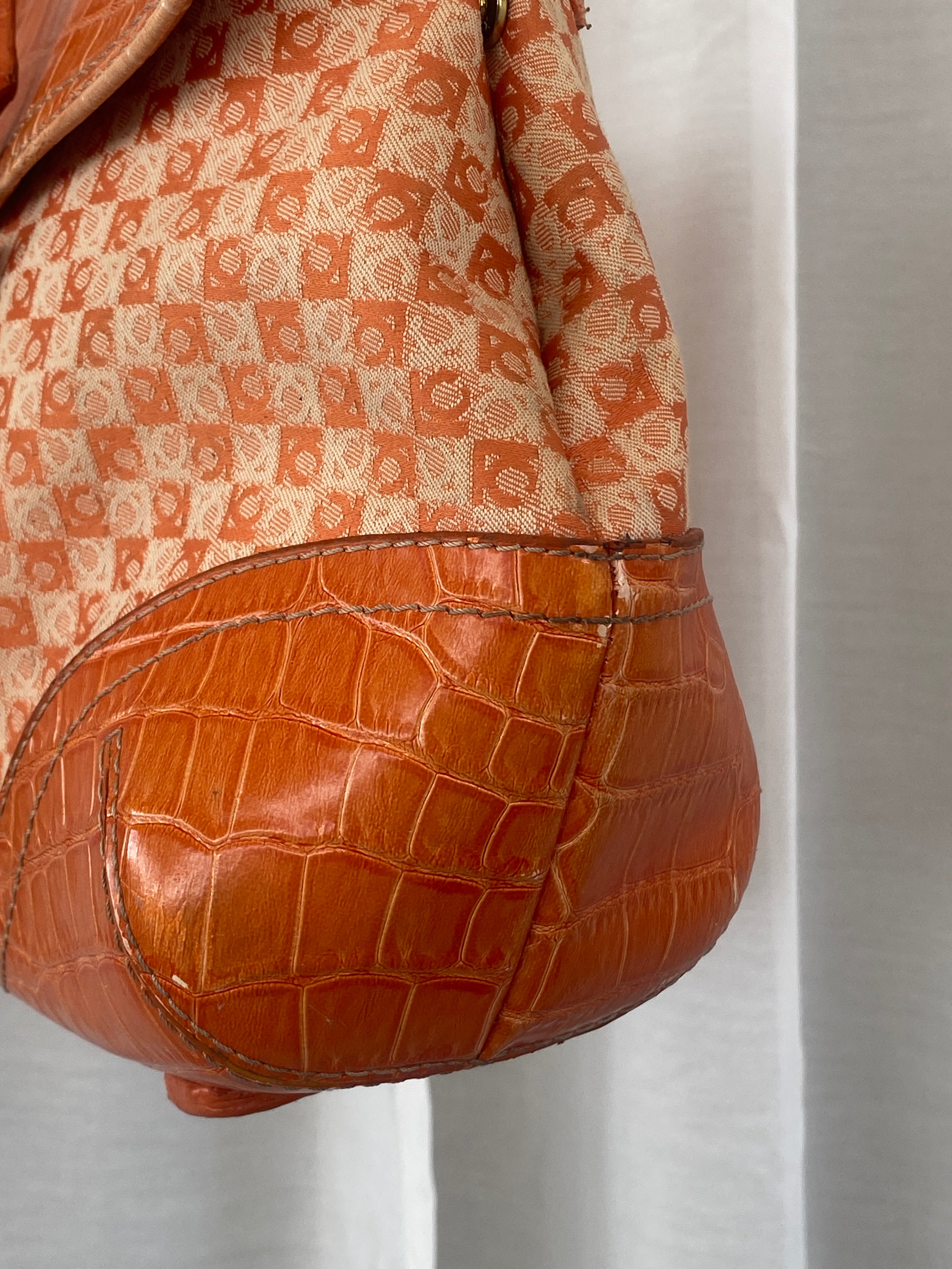 Liz Claiborne NYC Signature Fabric Orange Monogram with Faux Croc Leather Print Shoulder Bag