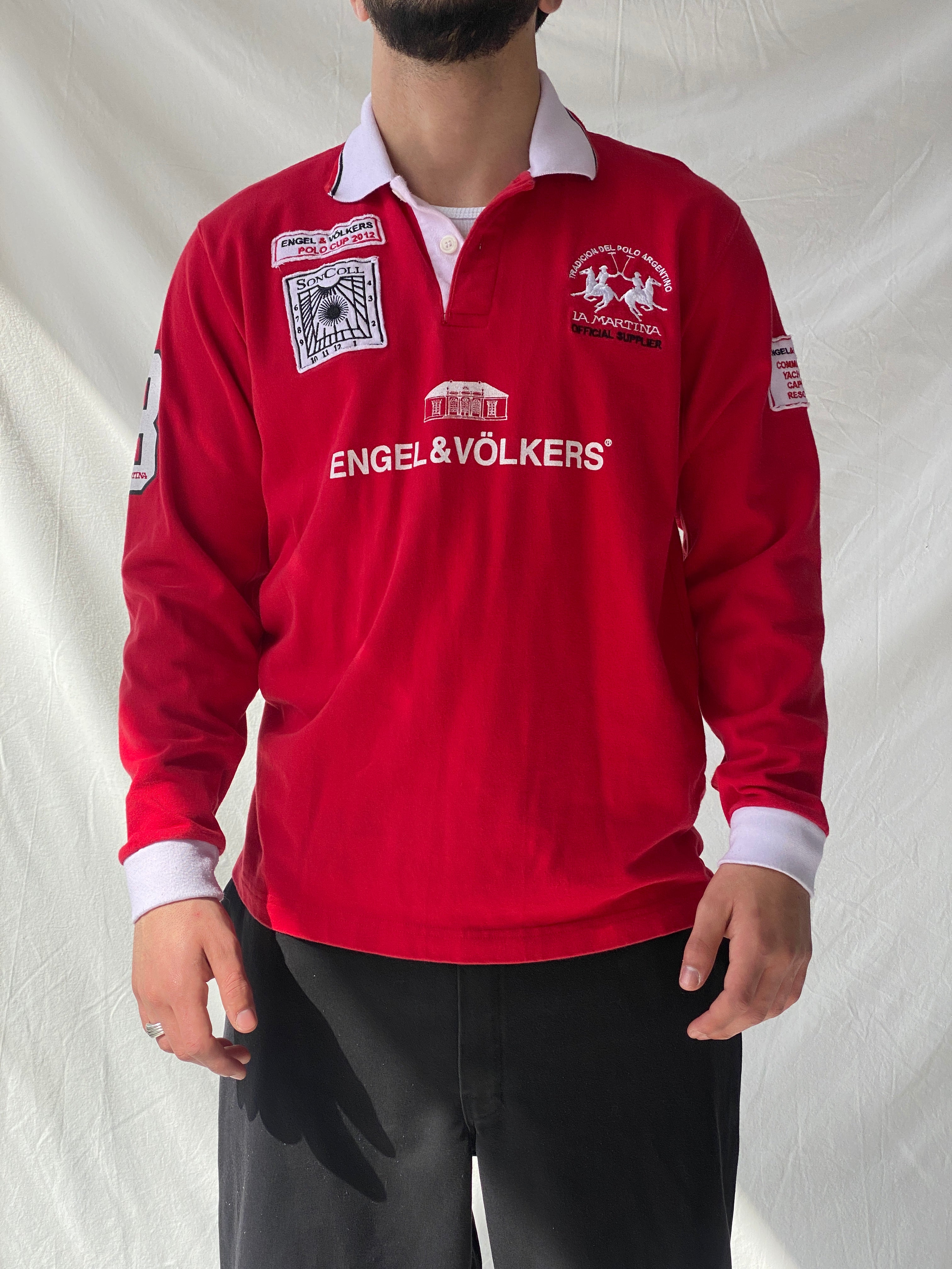 قميص بولو إنجل آند فولكرز 2012 بولو كاب أحمر بأكمام طويلة من القطن - مقاس متوسط