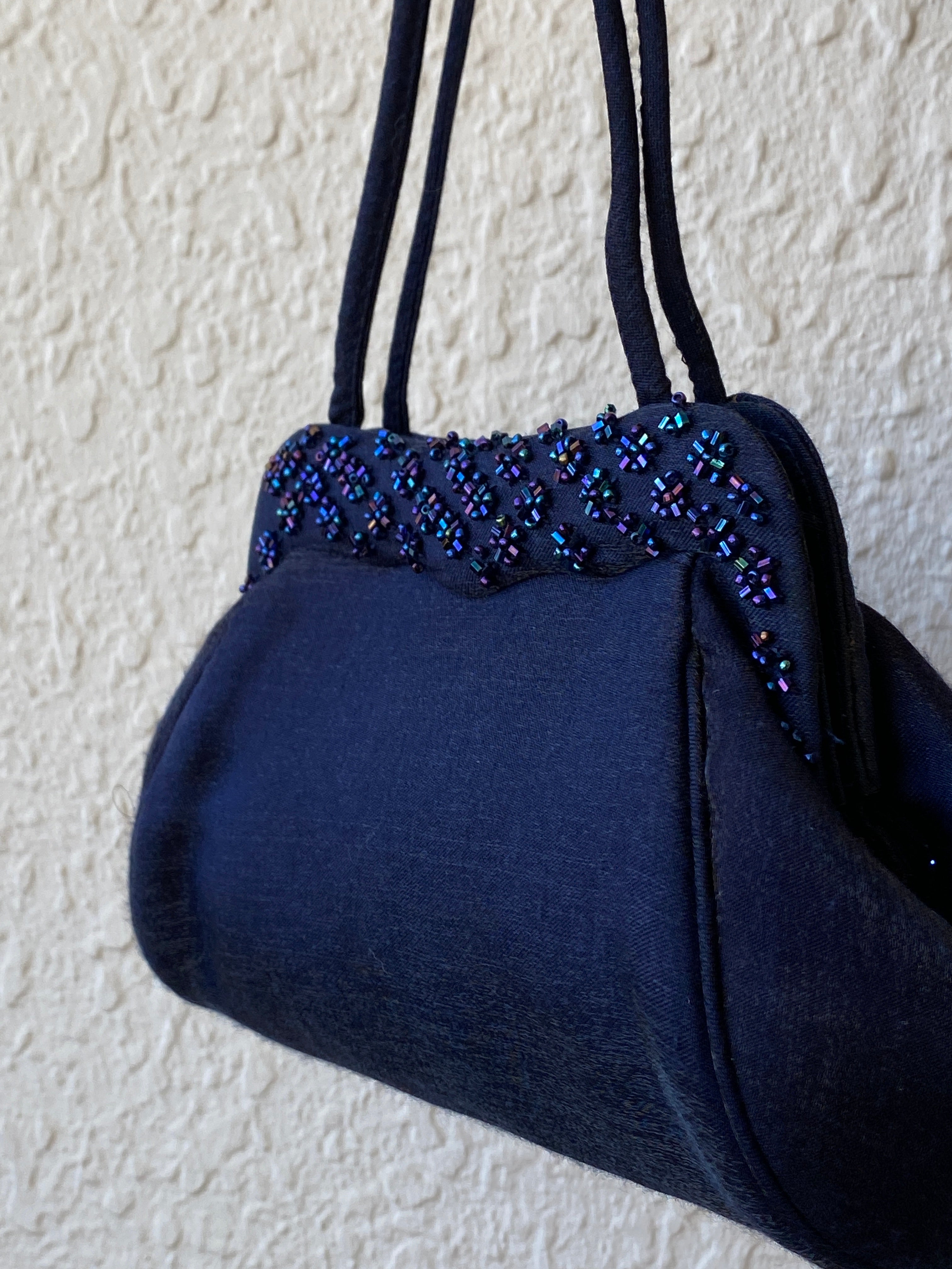 Vintage Handmade Sasha Navy Blue Beaded Mini Evening Purse