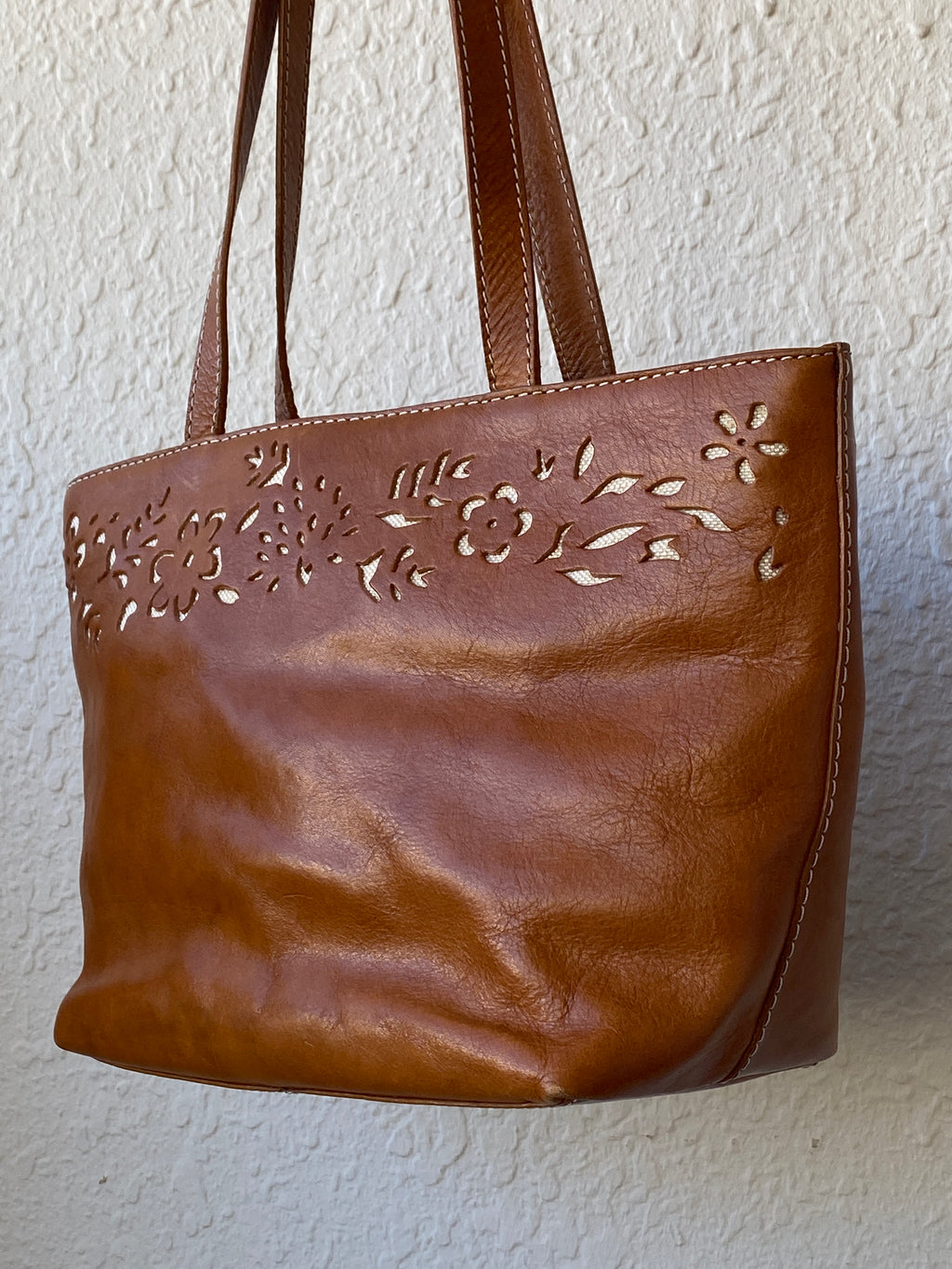 Genuine Leather Floral Perforated Design Shoulder Tote Bag