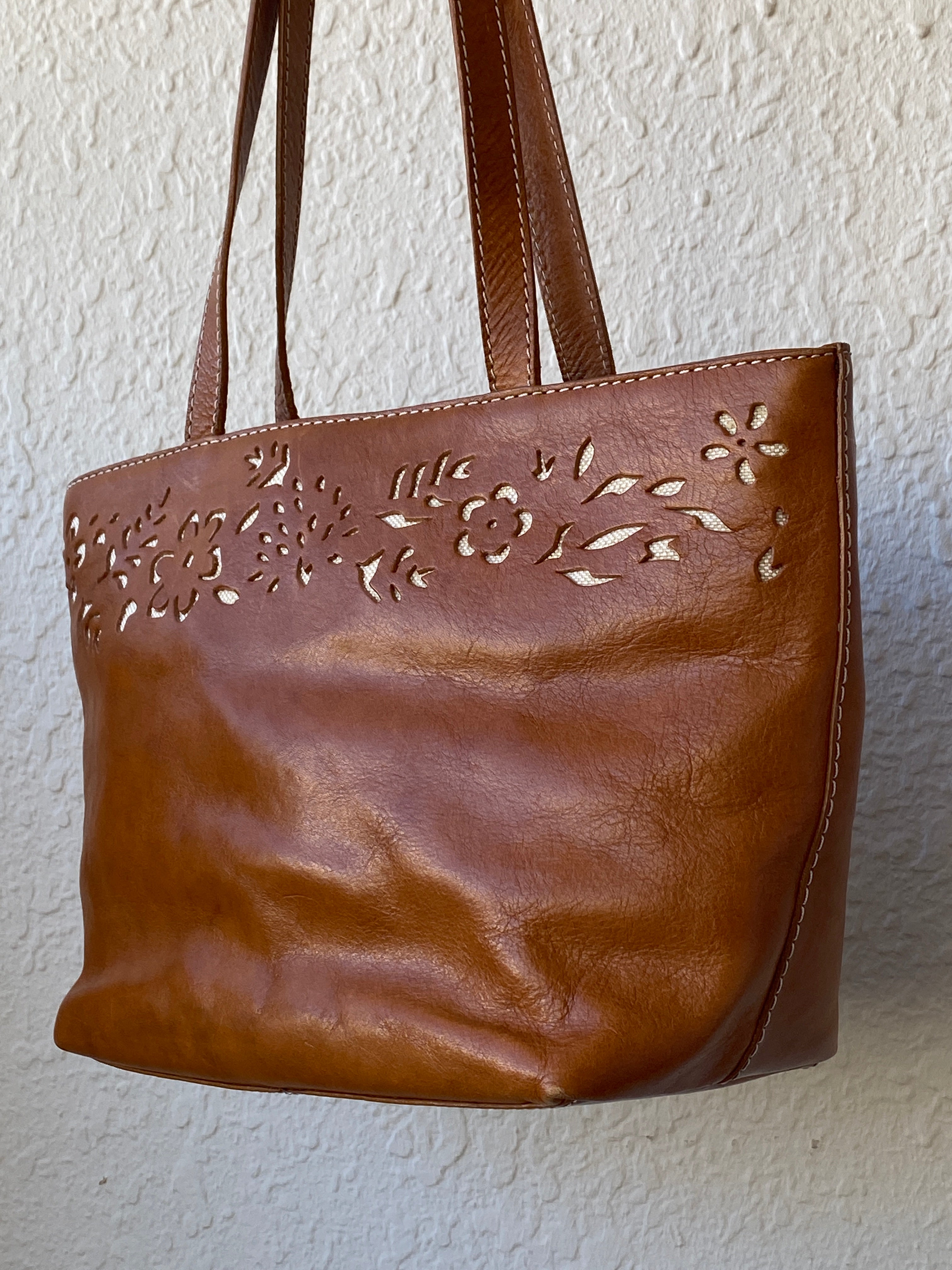 Genuine Leather Floral Perforated Design Shoulder Tote Bag