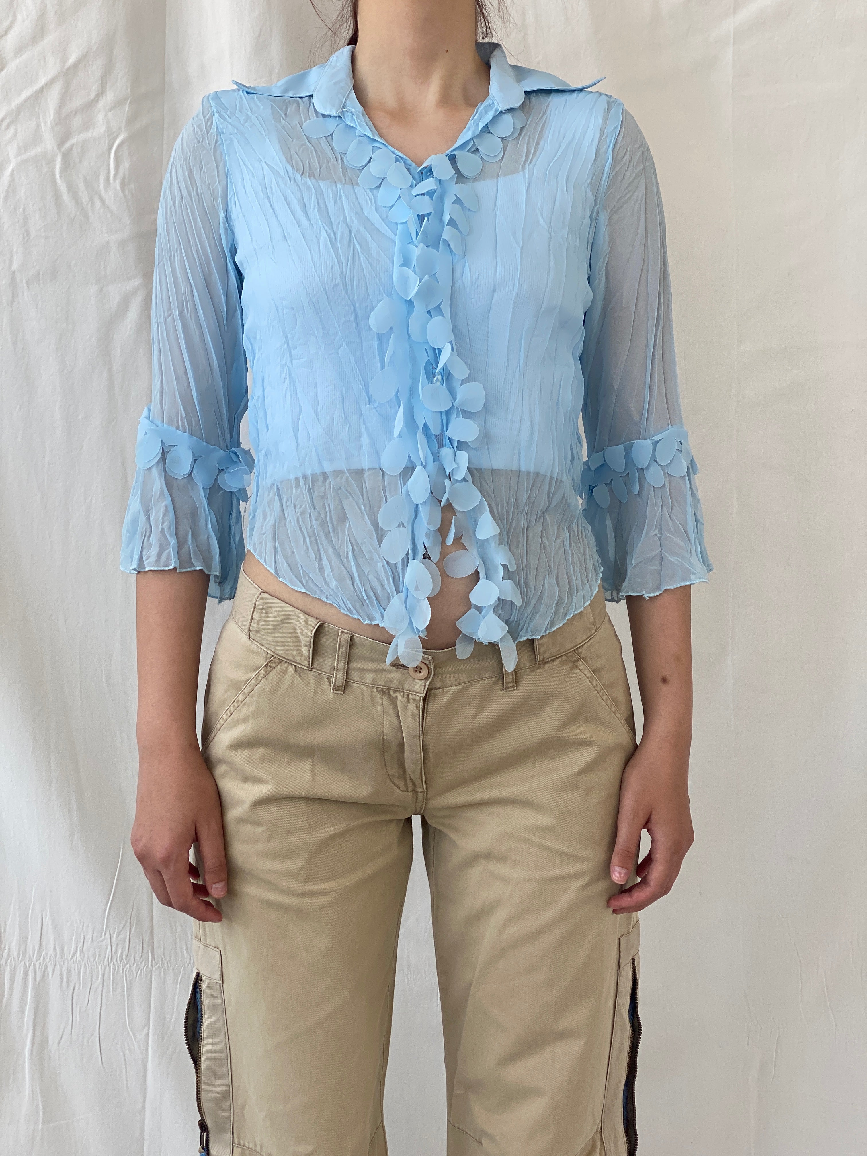 Vintage Y2K Smart Women Blue Ruffled Sheer Romantic Cardigan Shirt - M