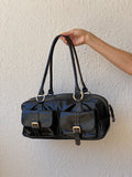 Vintage Hype Genuine Leather Satchel Shoulder Bag Black with Buckle & Stitching Detail Purse