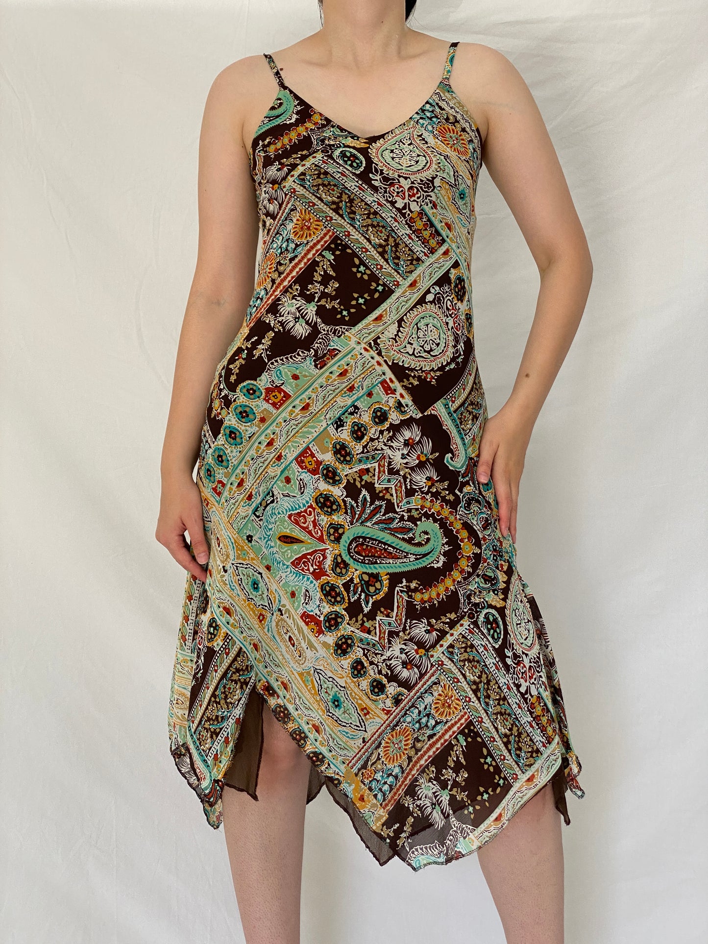 Vintage Y2K La City Brown Paisley Handkerchief Hem Slip Dress - S