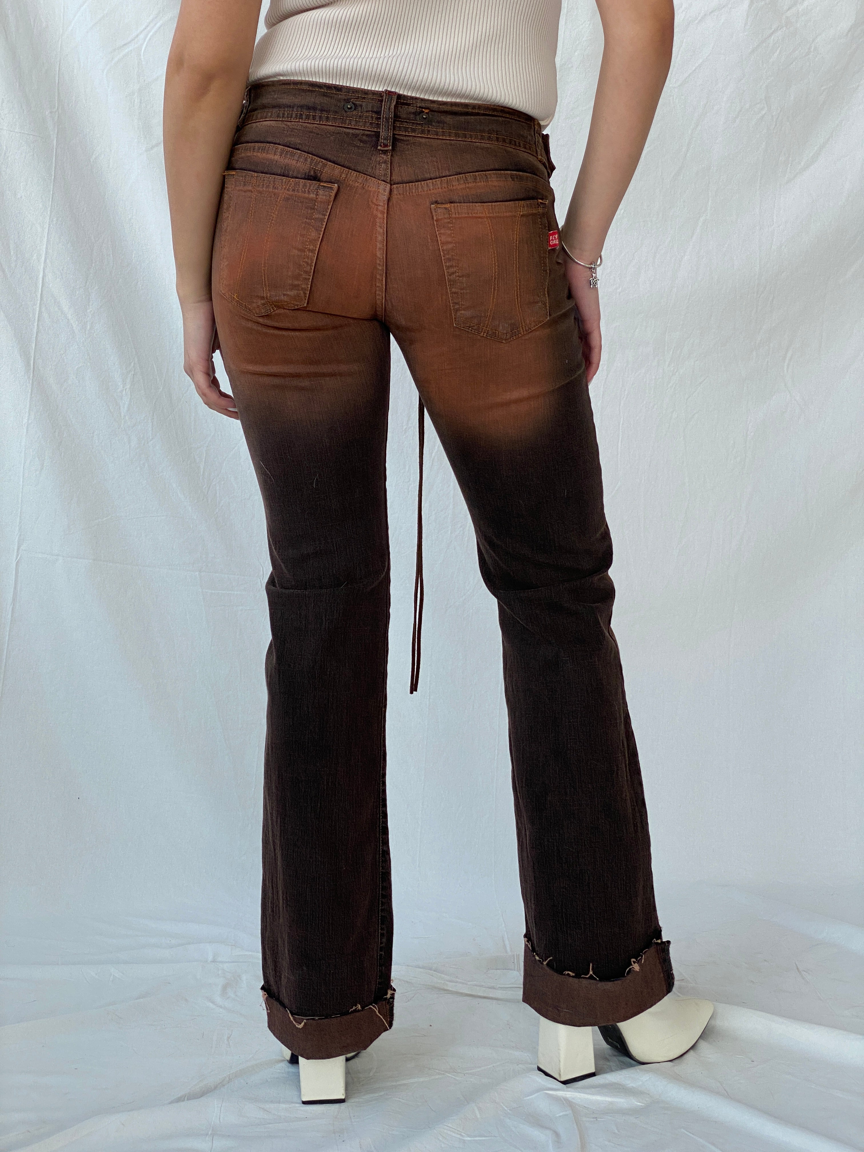 Vintage FlyGirl Brown Distressed Low Rise Biker Pants with Suede Belt - 34EUR