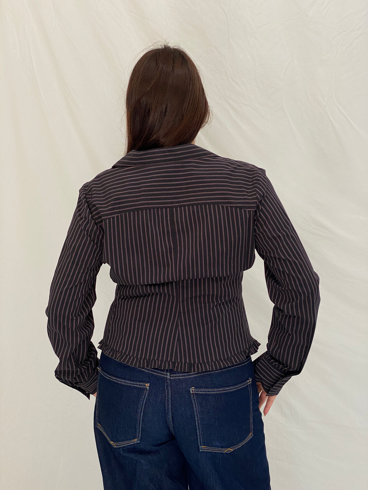 Vintage Y2K RW & Co. Black Pink Pinstripe Ruched Ruffle Zip-Up Blouse - XL Vintage Y2K RW & Co. Black Pink Pinstripe Ruched Ruffle Zip-Up Blouse - XL