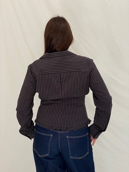 Vintage Y2K RW & Co. Black Pink Pinstripe Ruched Ruffle Zip-Up Blouse - XL