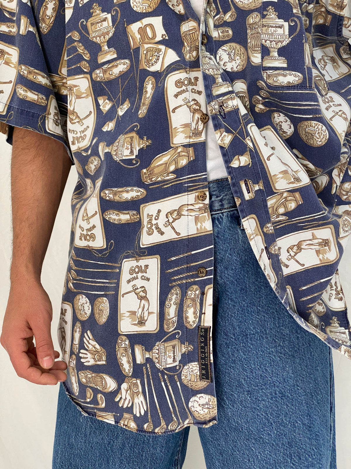Vintage J.Riggings Golf Print Cotton Shirt Blue Beige Novelty Button Up – XL Vintage J.Riggings Golf Print Cotton Shirt Blue Beige Novelty Button Up – XL
