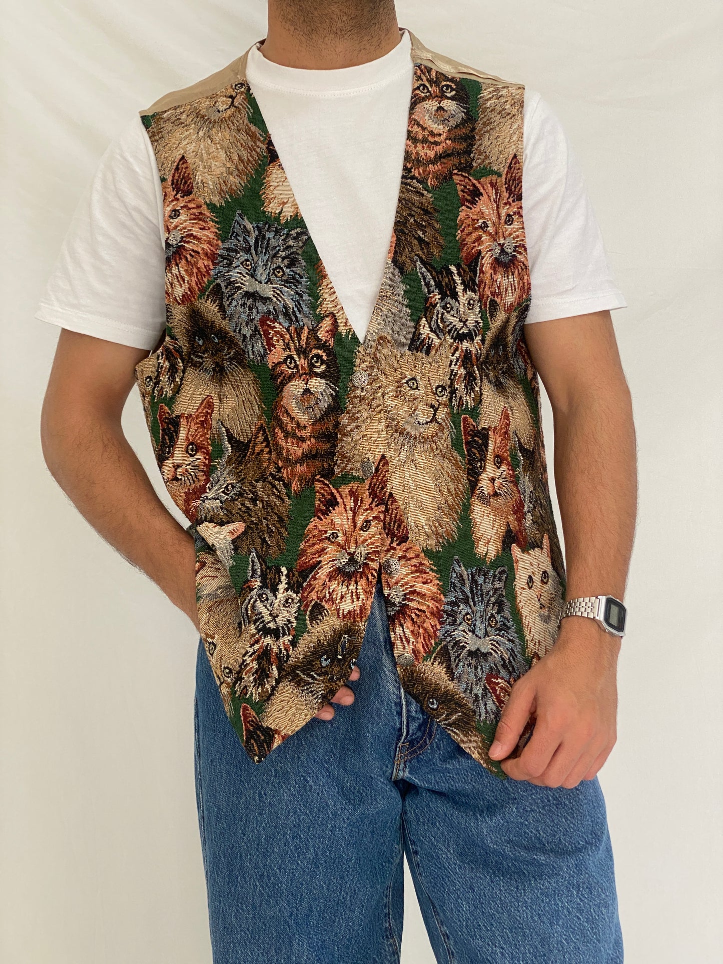Vintage Partners II Cat Tapestry Cotton Blend Vest Novelty Animal Boho Waistcoat – L
