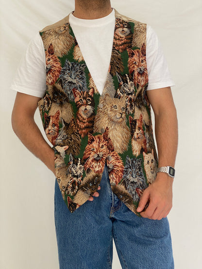 Vintage Partners II Cat Tapestry Cotton Blend Vest Novelty Animal Boho Waistcoat – L