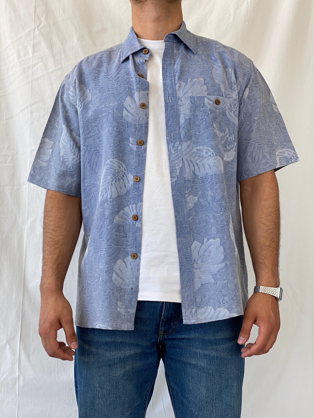 Island Republic Floral Blue Hawaiian Men’s Short Sleeve Silk Shirt - L