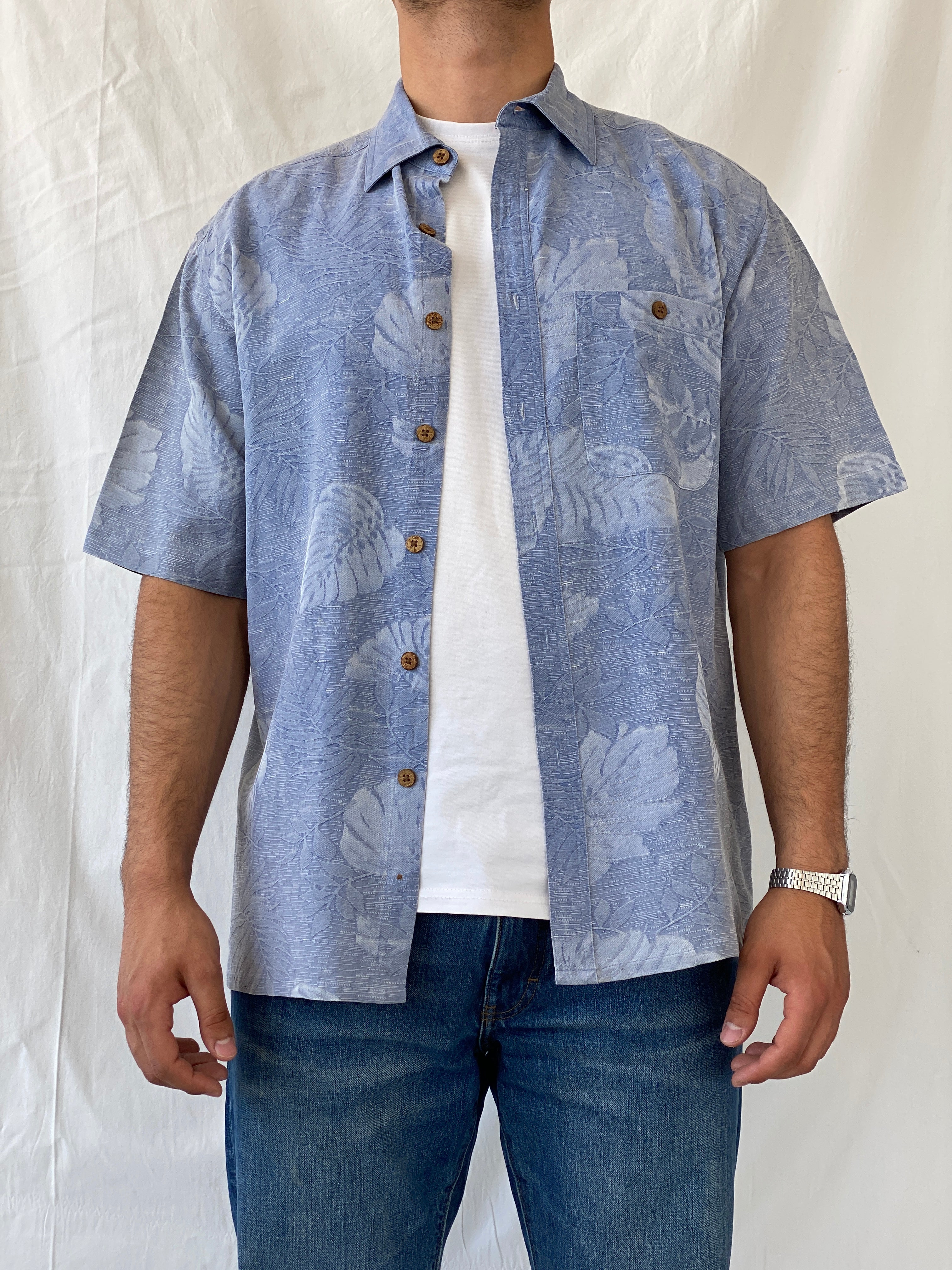 Island Republic Floral Blue Hawaiian Men’s Short Sleeve Silk Shirt - L