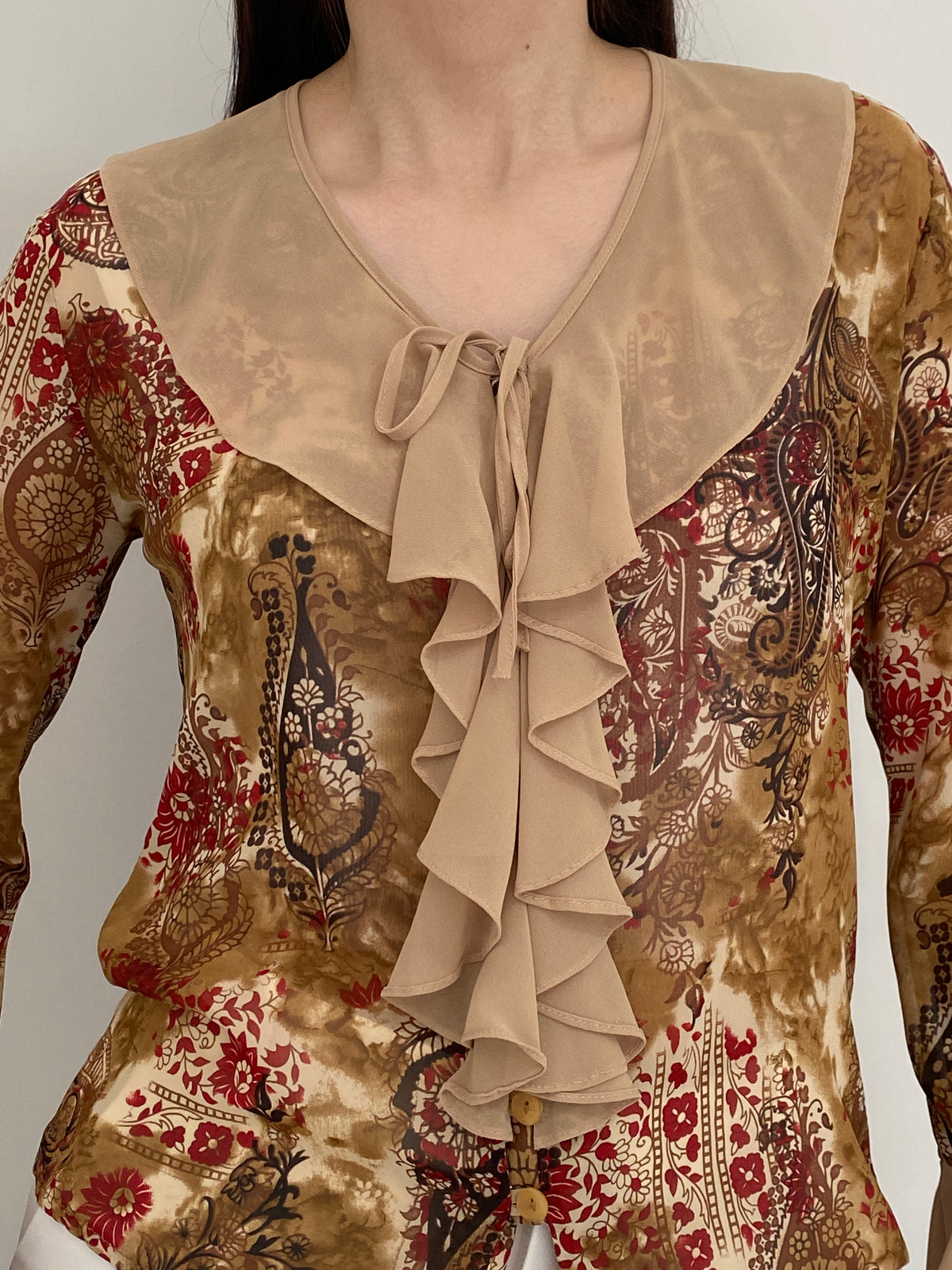 Vintage Y2K Yazen Beige Brown Paisley Floral Ruffle Bell Sleeve Blouse - M