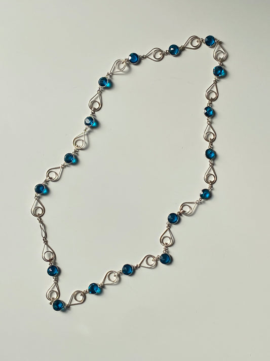 Vintage Blue Crystal Link Necklace Silver Tone Swirl Chain Statement Necklace