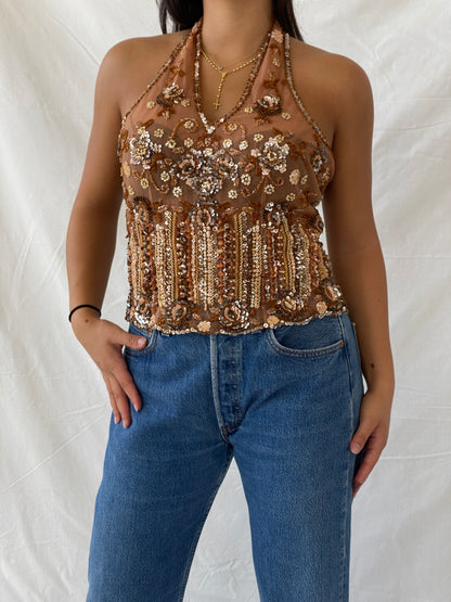 Vintage Beaded Sheer Halter Top - M