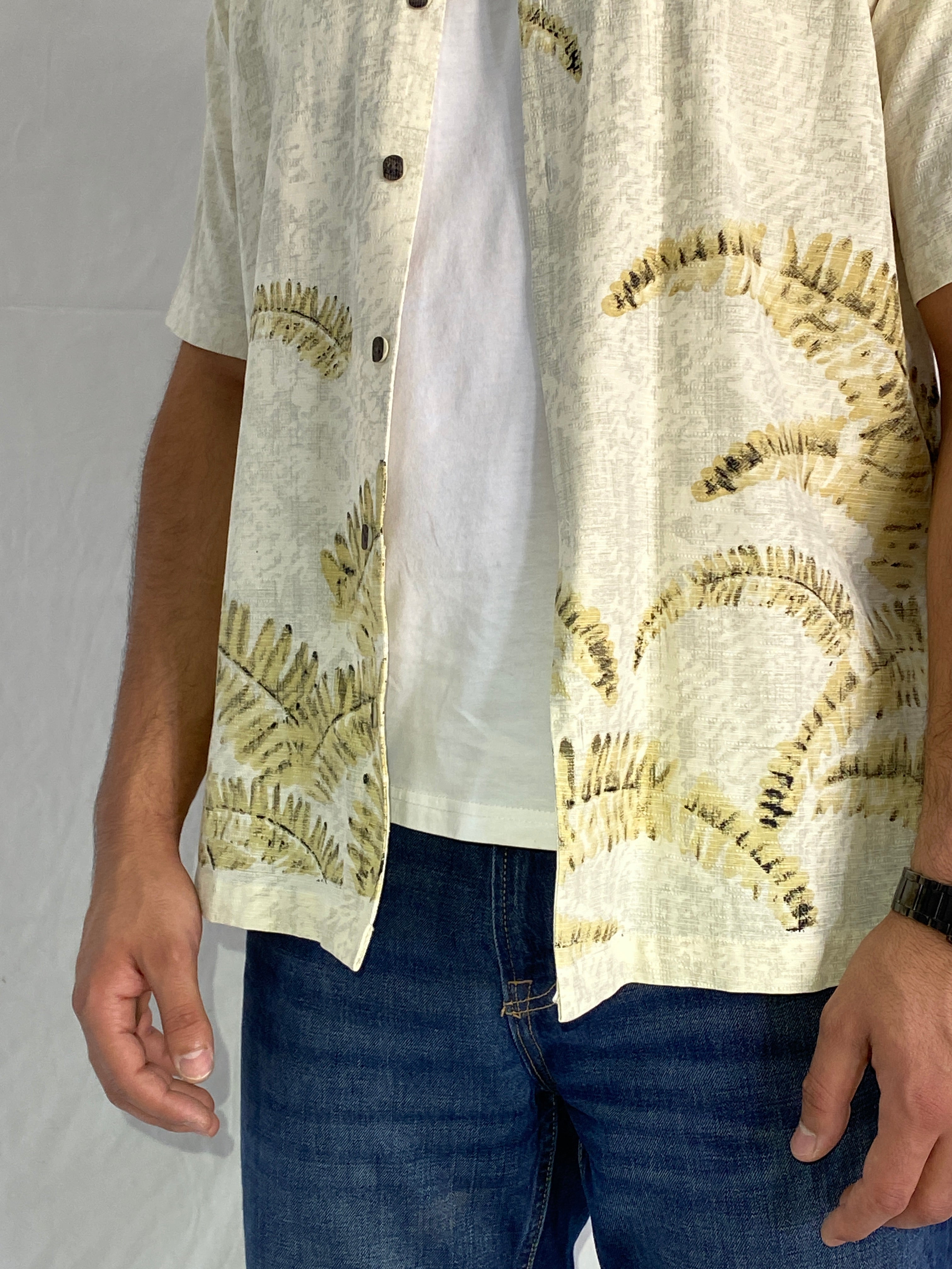 Vintage IZOD Silk-Cotton Blend Palm Print Beige Resort Men’s Shirt - L