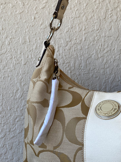 Brand New Coach Signature C Beige Jacquard Canvas Monogram White Stripe Convertible Hobo Shoulder Bag - F19281