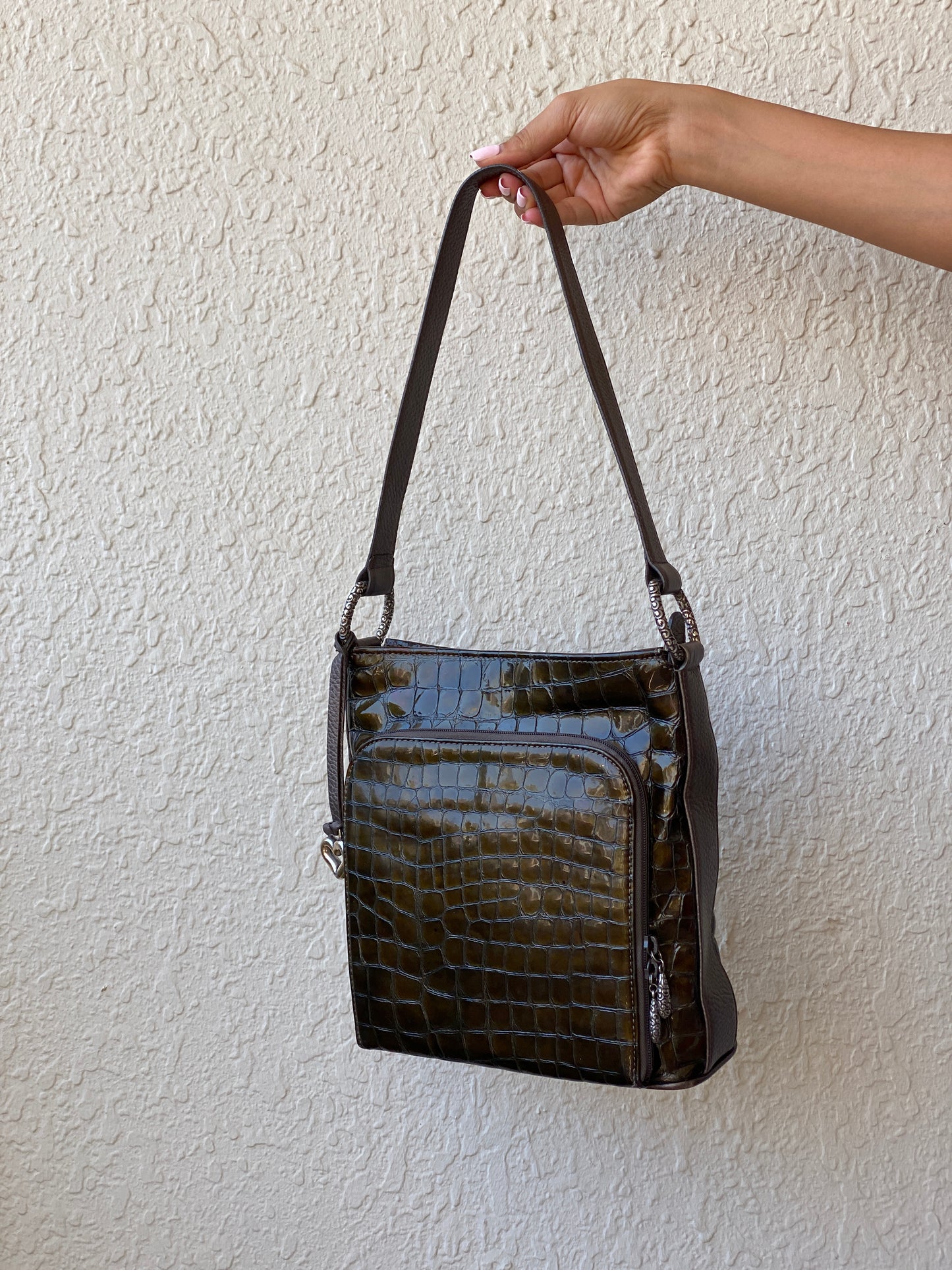 Vintage Brighton Olive Brown Croc Embossed Patent Shoulder Bag