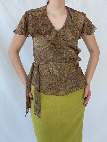 Lauren by Ralph Lauren Brown Paisley Ruffle-Trim Wrap Blouse - L