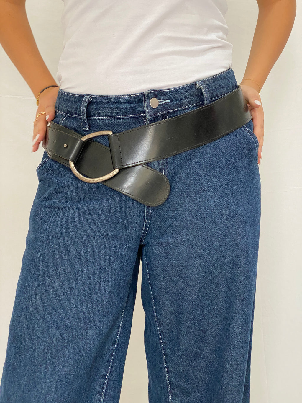 Vintage Black Wide Genuine Leather Belt Oversized Silver Ring Buckle Y2K Belt