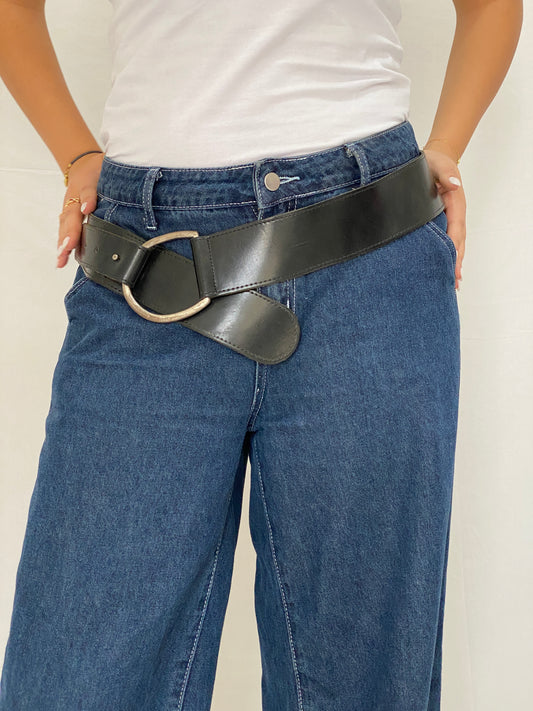 Vintage Black Wide Genuine Leather Belt Oversized Silver Ring Buckle Y2K Belt