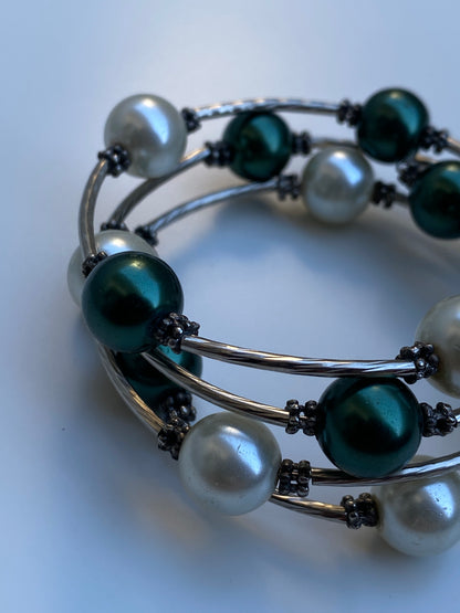 Vintage Silver-Tone Green & Ivory Faux Pearl Wire Wrap Multi-Strand Bracelet