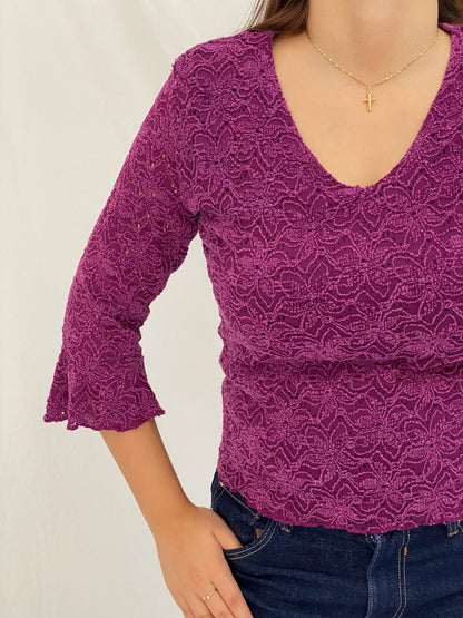 Vintage Y2K Studio 1940 Plum Purple Floral Lace V-Neck Top - L