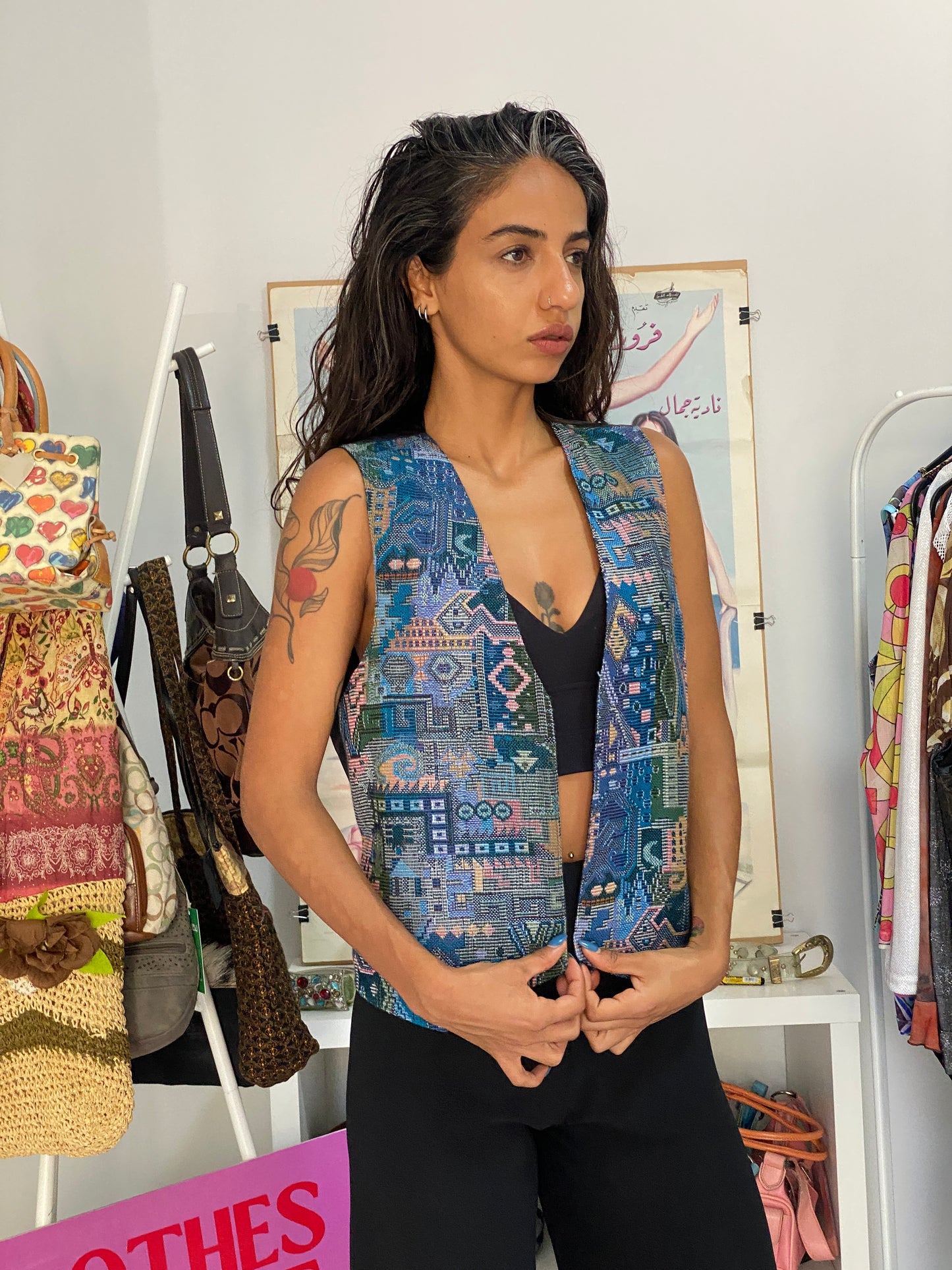 Vintage 90s Boho Tapestry Multicolor Woven Paisley Vest - M