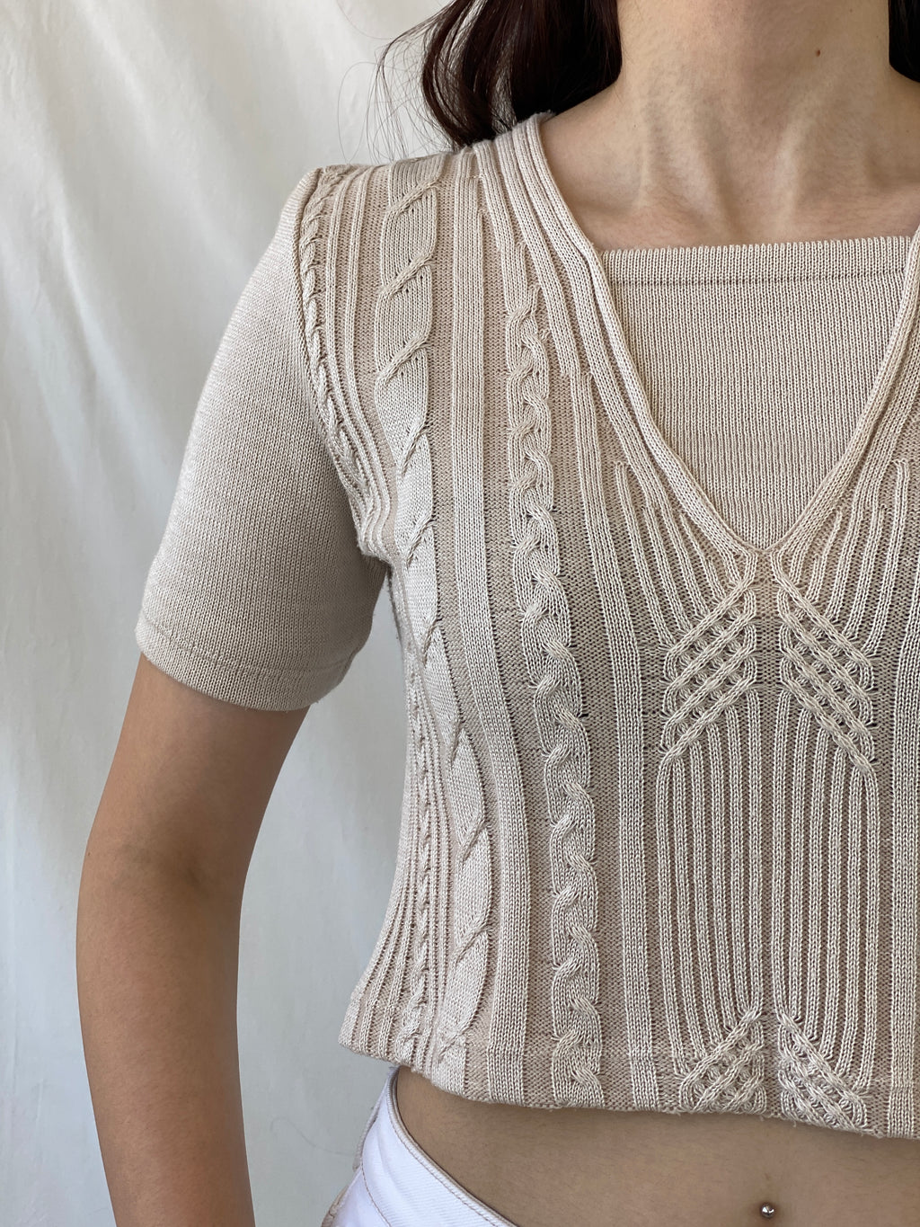 Casual Everyday Beige Knitted Short Sleeve Crop Top - M