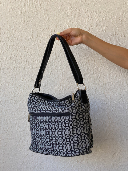 Monochrome Geometric Shoulder Bag – Vintage Zip Pocket Everyday Purse