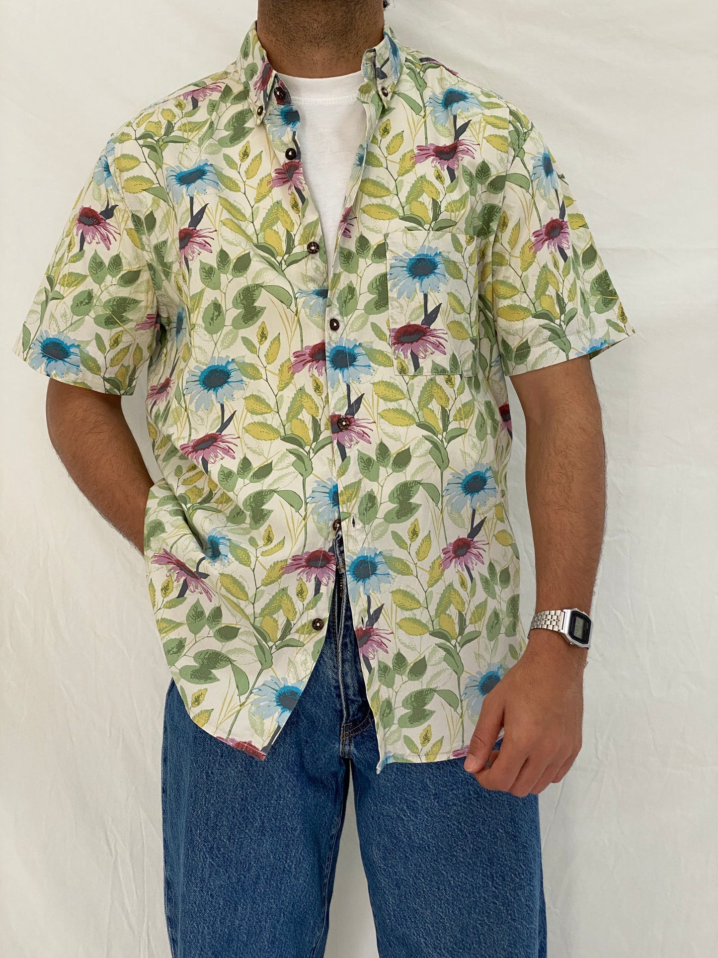 Vintage Burning Palma by Vailent Co Botanical Floral Button-Up Retro Vacation Shirt – L