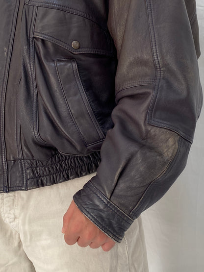Vintage Oversized Genuine Leather Bomber Jacket in Dark Plum Brown – L