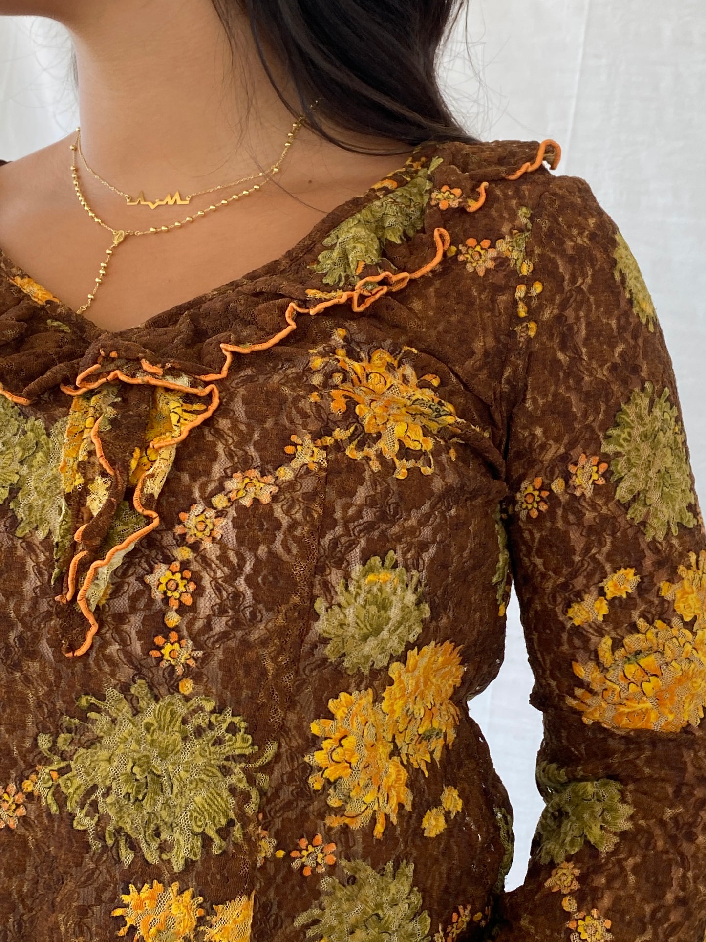 Vintage Handmade Lace Floral Brown 3/4 Sleeve Top - M