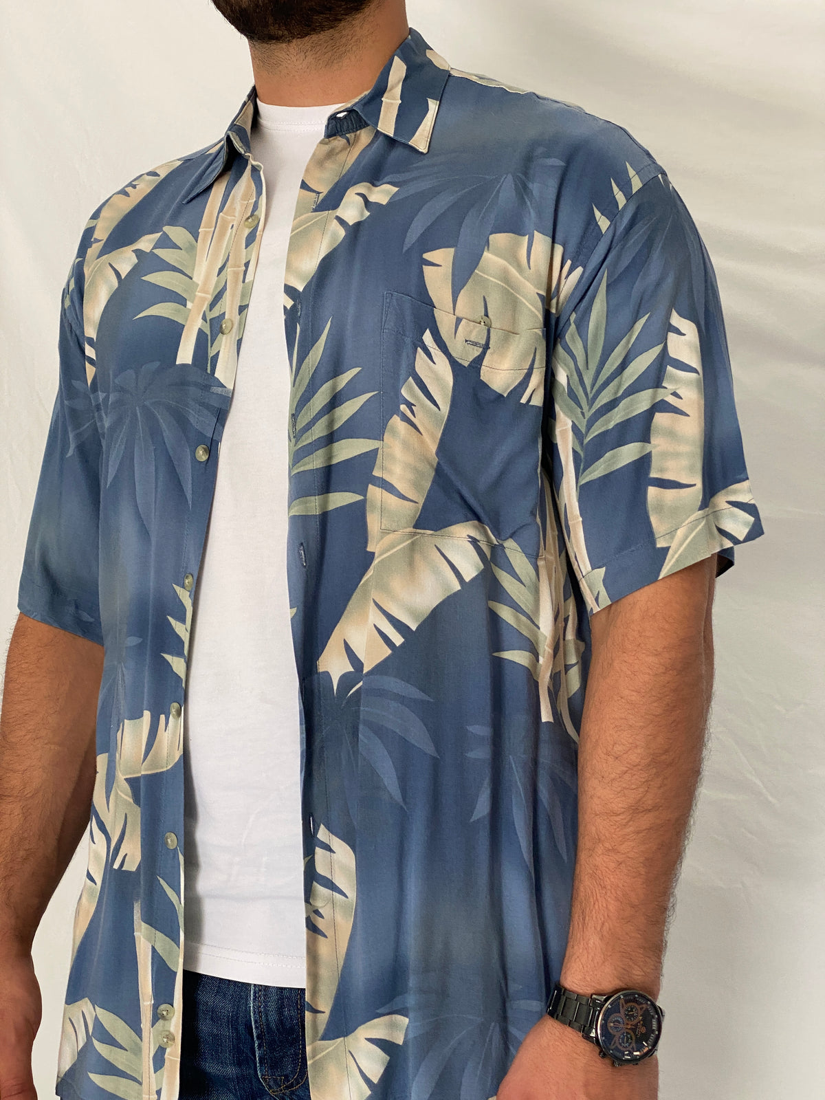 Vintage 90s Pierre Cardin Blue Tropical Rayon Hawaiian Shirt – L Vintage 90s Pierre Cardin Blue Tropical Rayon Hawaiian Shirt – L