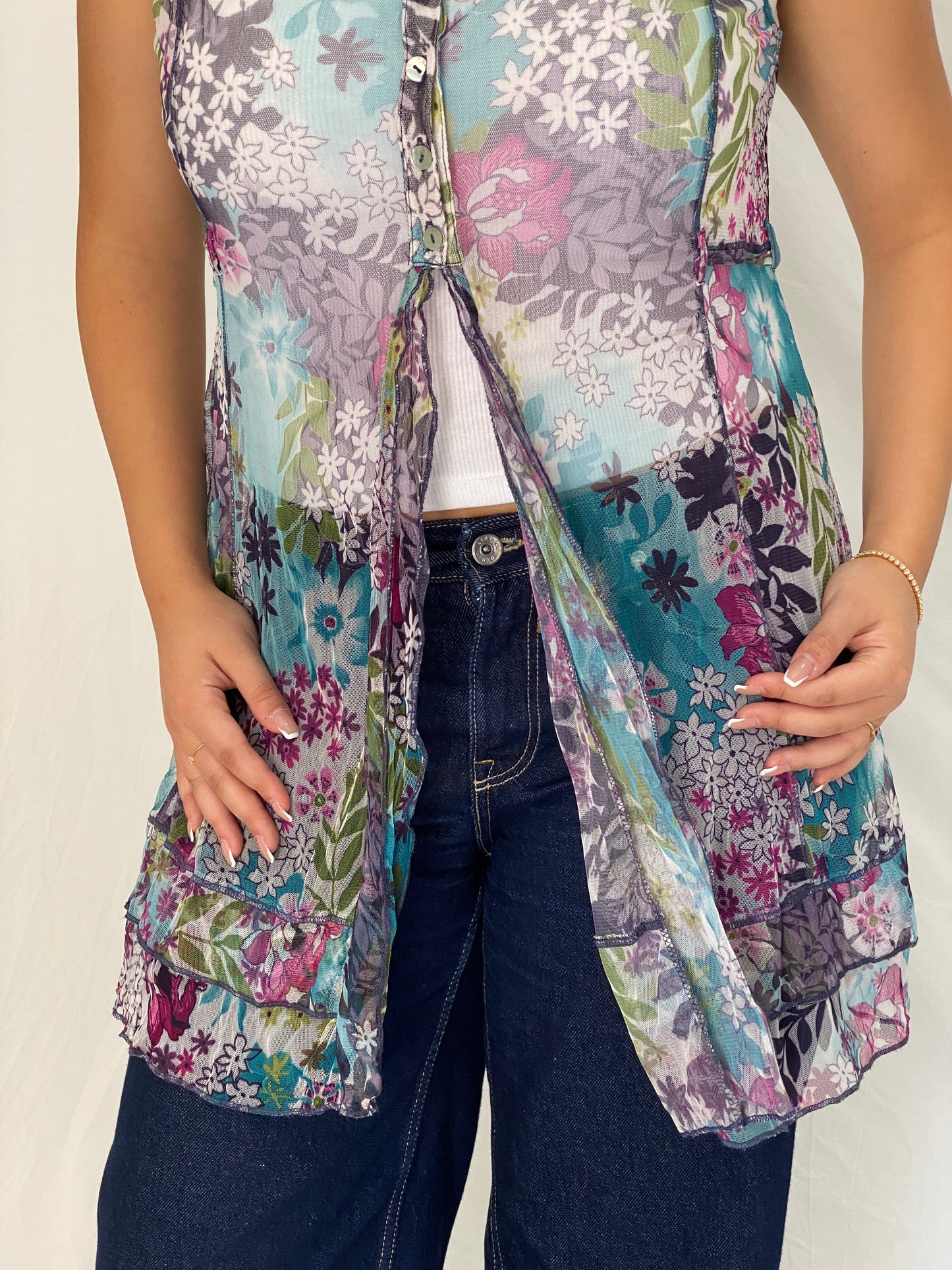 Vintage Y2K Tredy Blue Multicolor Floral Mesh Ruffle Tunic Top - M