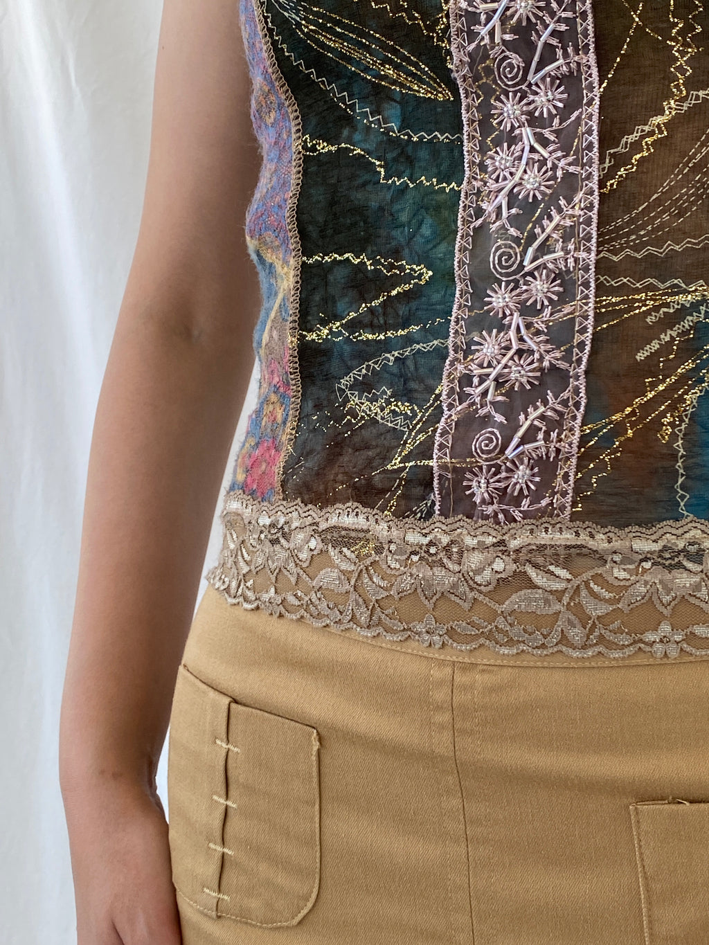 Lulu H Paris Mesh Patchwork Lace Trim Indie Fairycore Tank Top - S