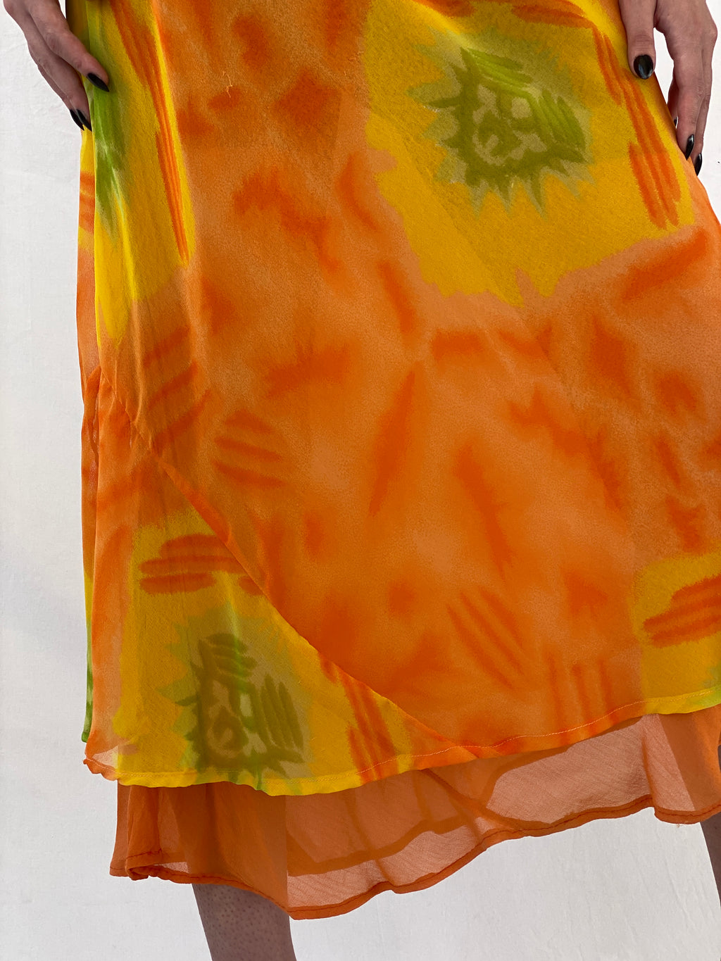 Y2K Chiffon Orange Tie Dye Sheer Maxi Dress - M