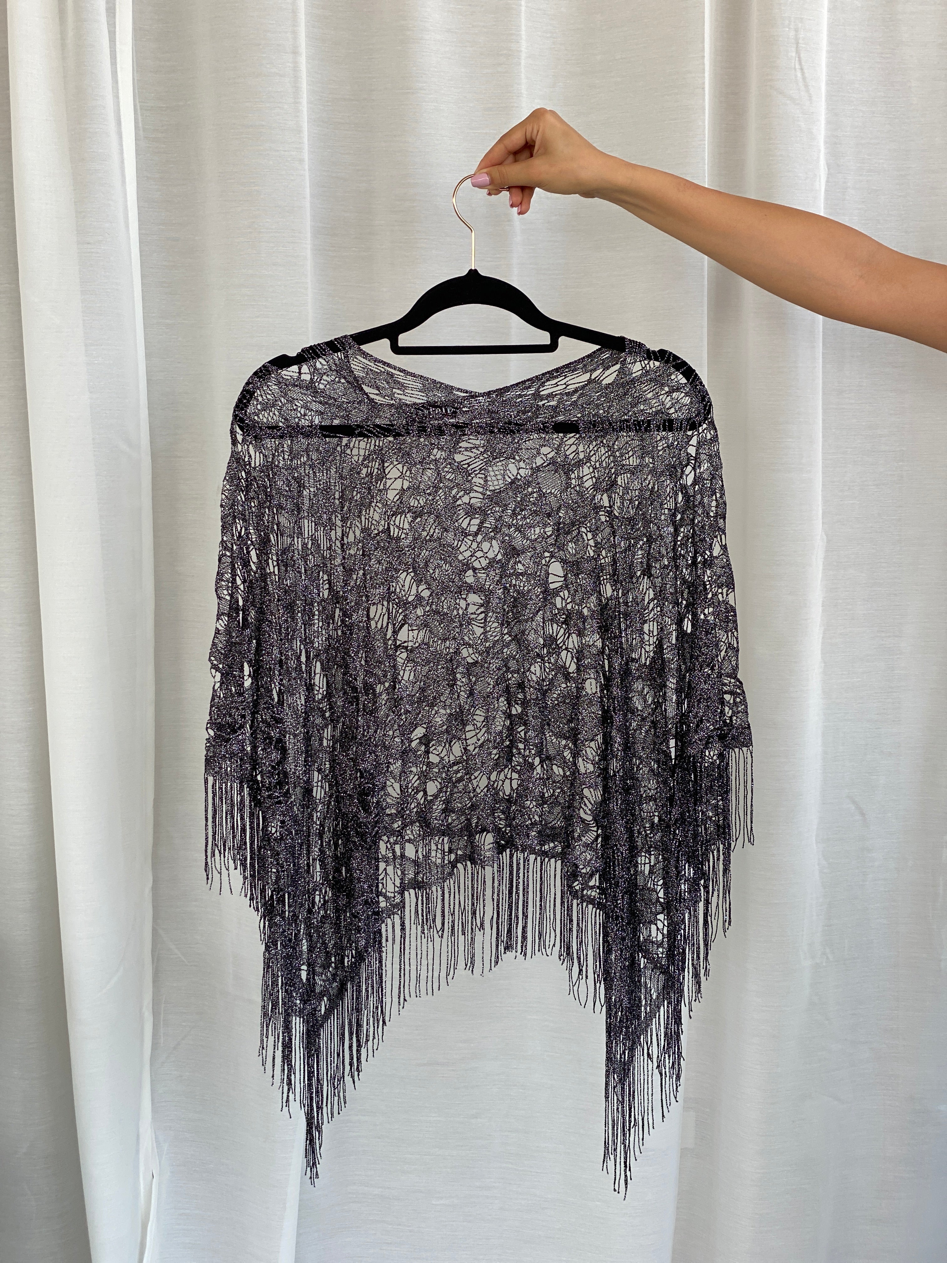 Rare Vintage Tabloid Metallic Black Knit Fringe Poncho – Sheer Boho Festival Shawl