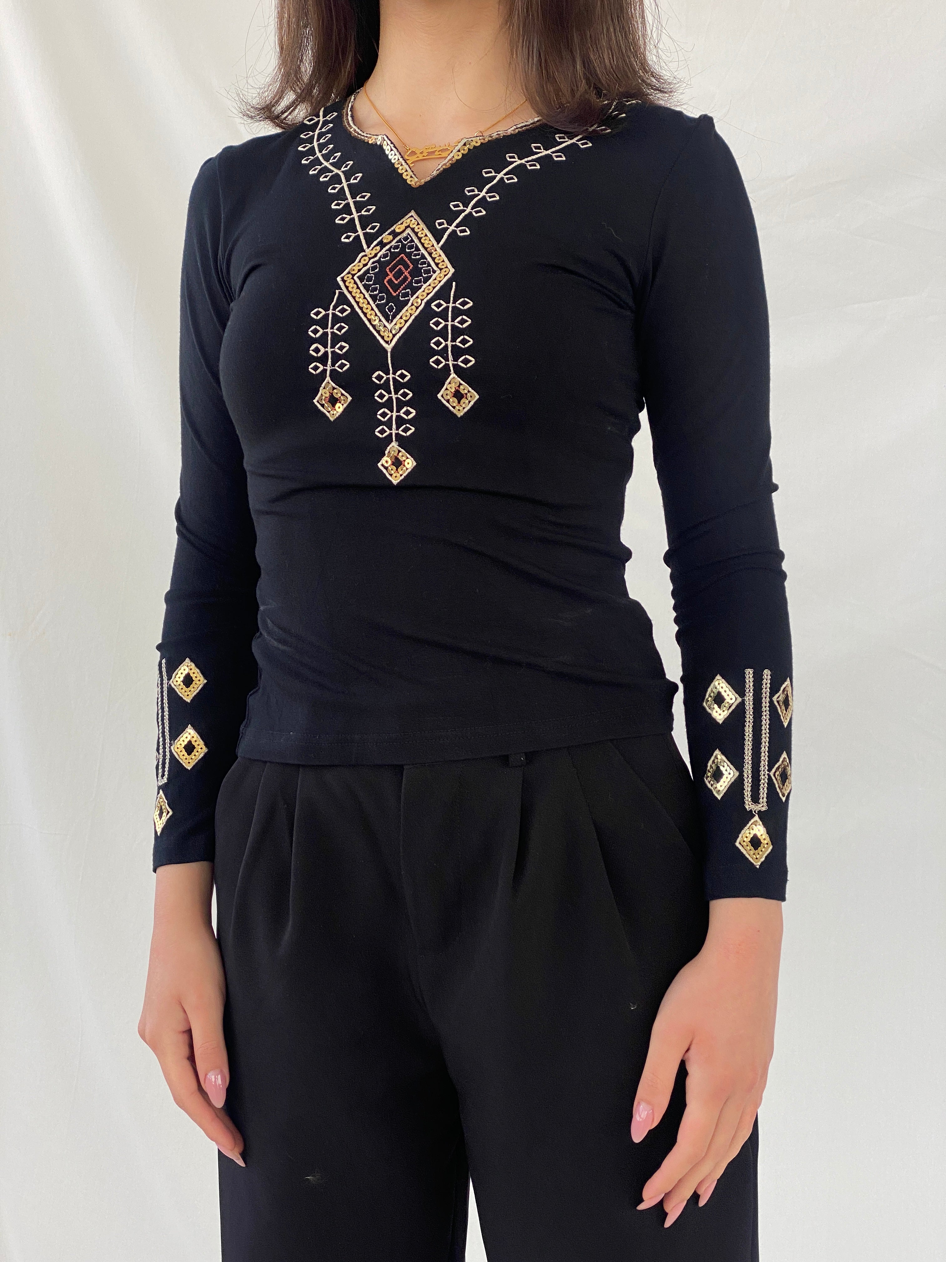 Y2K YRC Embellished Sequined Neck Black Long Sleeve Women’s Top - XS