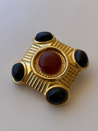 Vintage Gold Tone Cabochon Brooch Black & Amber Geometric Statement Pin