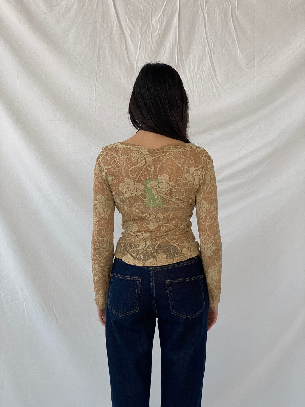 Vintage Gold Lace Women’s Long Sleeve Sheer Back Mesh Top - M