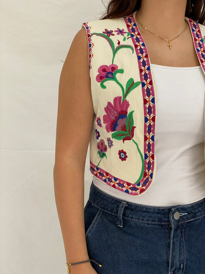 Vintage Beige Pink Floral Folk Embroidered Vest - M