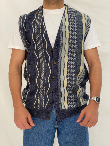 Vintage 90s تريكو Navy Patterned Knit Sweater Vest Cardigan - M