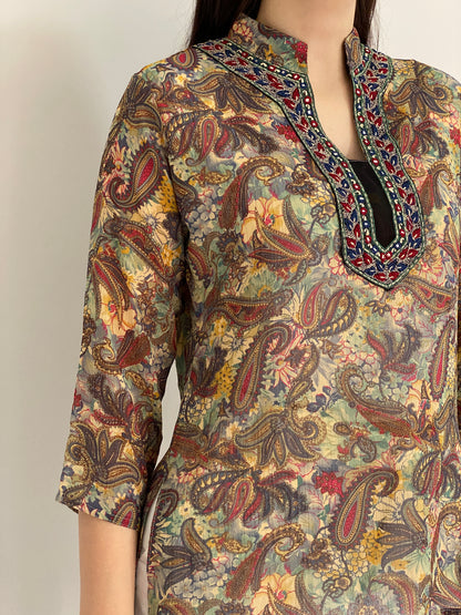 Vintage Y2K Makon Multicolor Paisley Embroidered Sheer Tunic Blouse - L